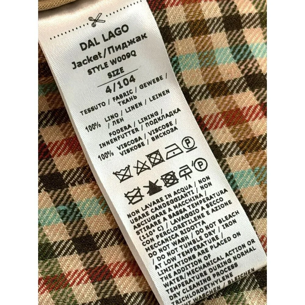 Dal Lago Linen Isaac Plaid Jacket Size 4 Multicolor Made In Italy NWT